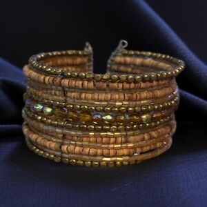 Coconut and amber beaded wide cuff bracelet